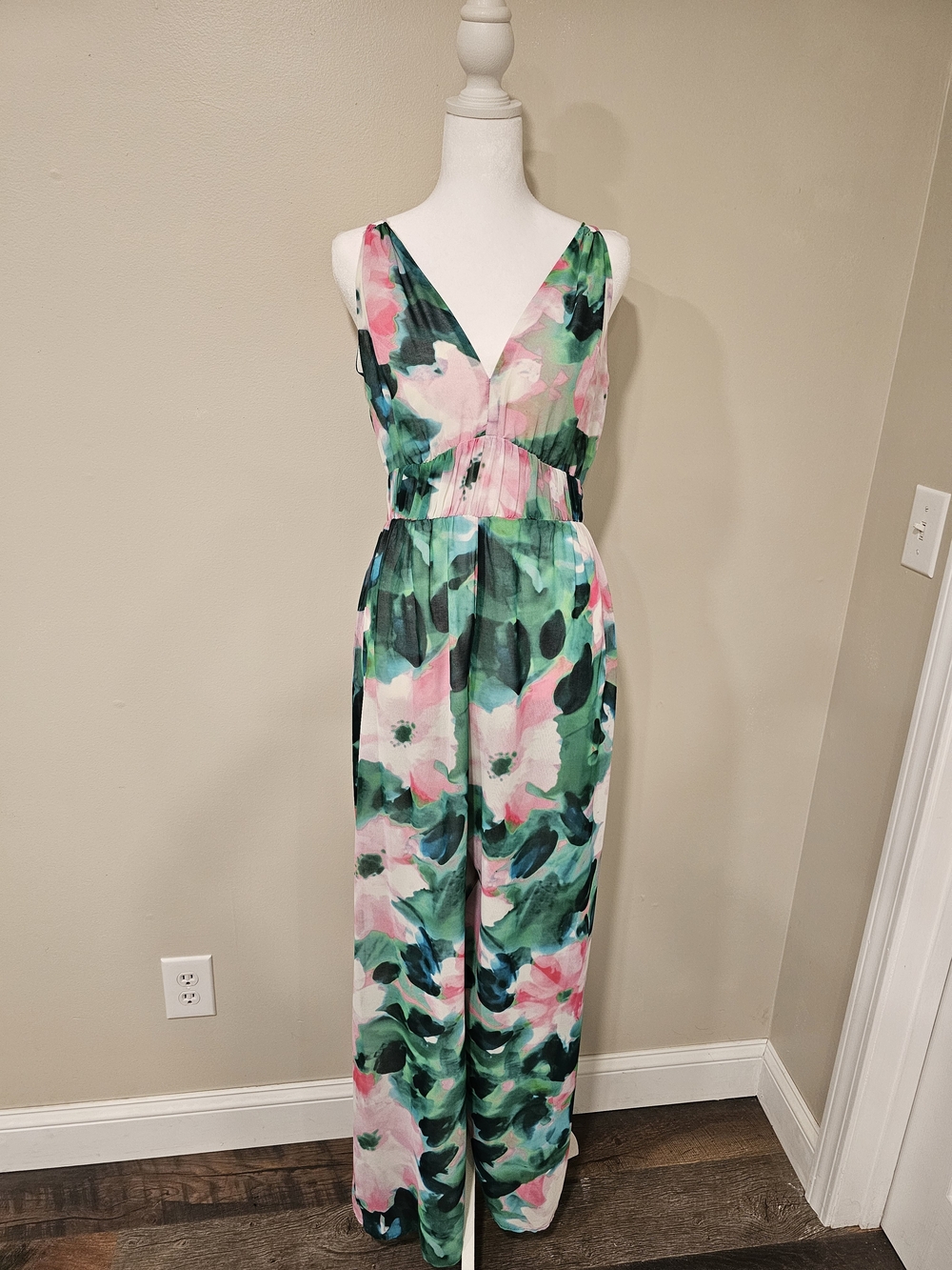 Zara Pink & Green Floral V-Neck Wide-Leg Jumpsuit